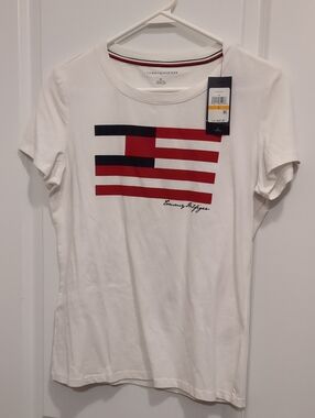 Tommy Hilfiger White Tee with Red & Navy Flag Graphic